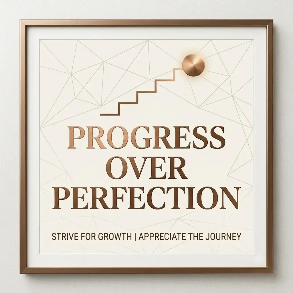 Minimalist printable office quote featuring "Progress Over Perfection" in metallic bronze typography with a geometric staircase graphic on a cream background. Includes subtitle "Strive for Growth | Appreciate the Journey".