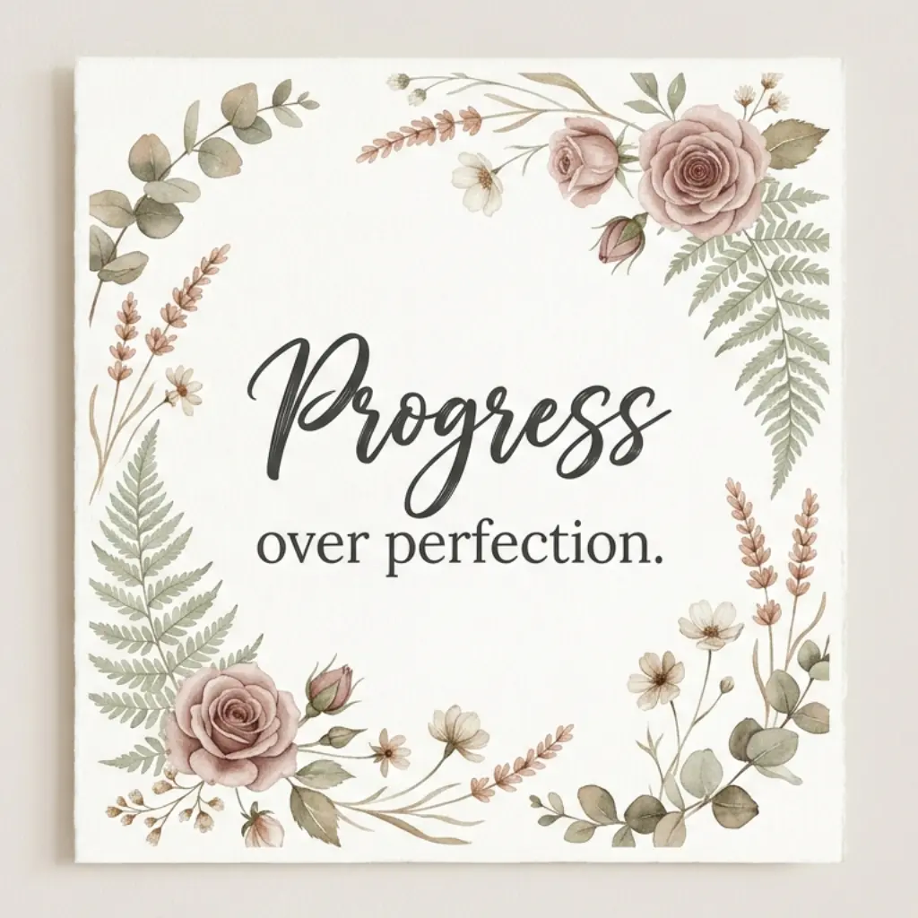 High-resolution printable wall art featuring a modern black script font quote Progress Over Perfection framed by a muted watercolor rose and eucalyptus border on a pure white background.