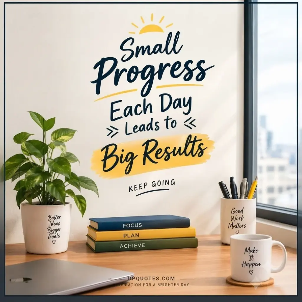 Inspirational 8x10 office printable quote that reads 'Small Progress Every Day Leads to Big Results' displayed in a modern home office mockup frame.