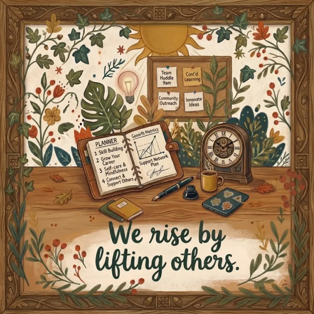 Minimalist typography wall art featuring the inspirational quote We Rise by Lifting Others formatted for A4 office print