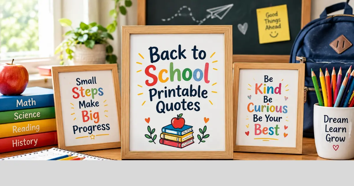 Back to school printable quotes displayed in framed designs with colorful books, pencils, and classroom supplies