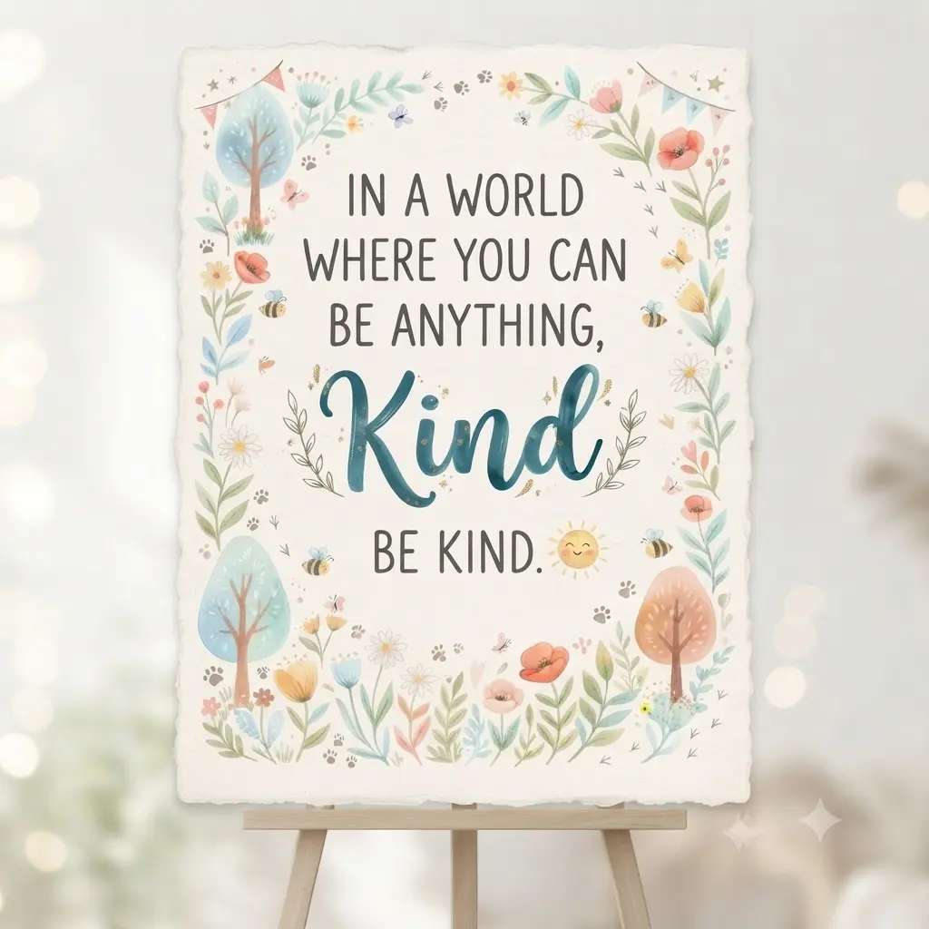 Colorful printable wall art for kids featuring the inspirational quote "In a world where you can be anything, be kind"