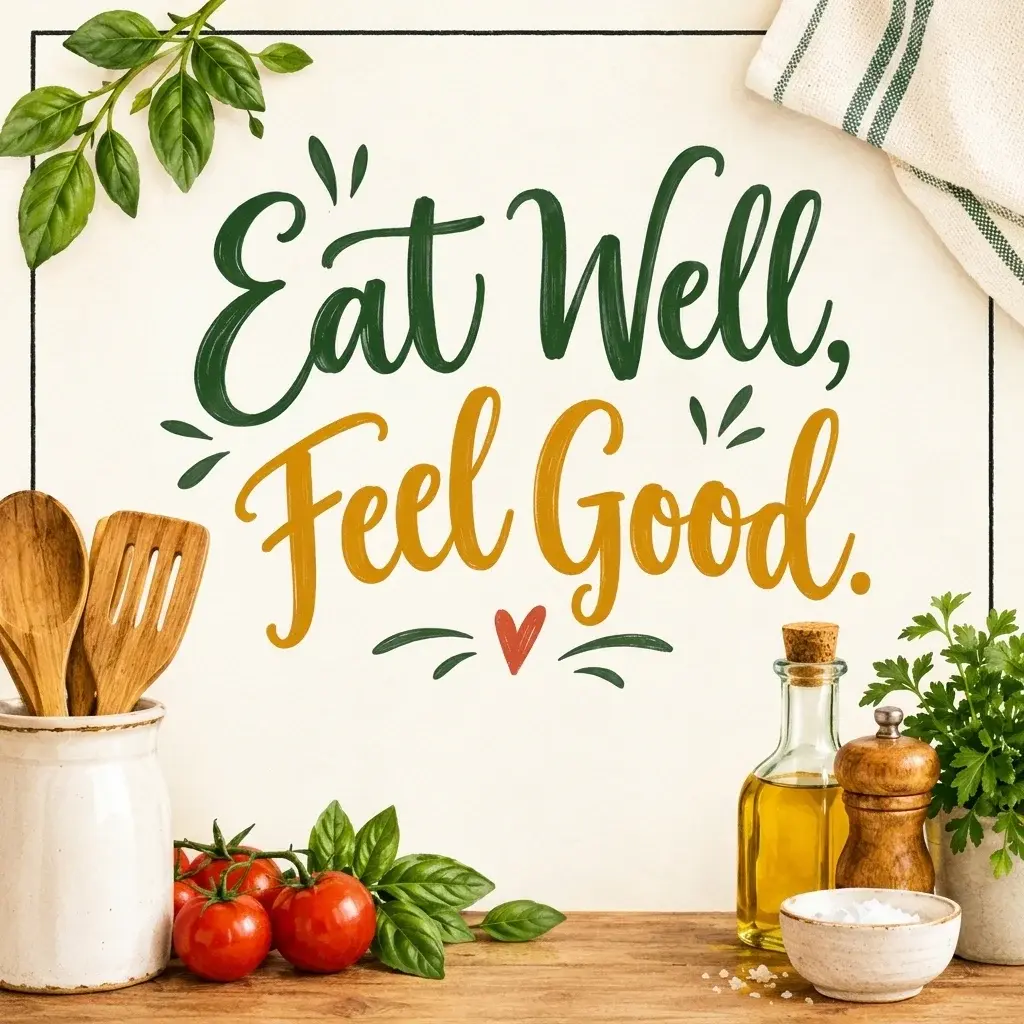 Eat Well, Feel Good kitchen printable quote with hand-lettered typography and fresh herbs