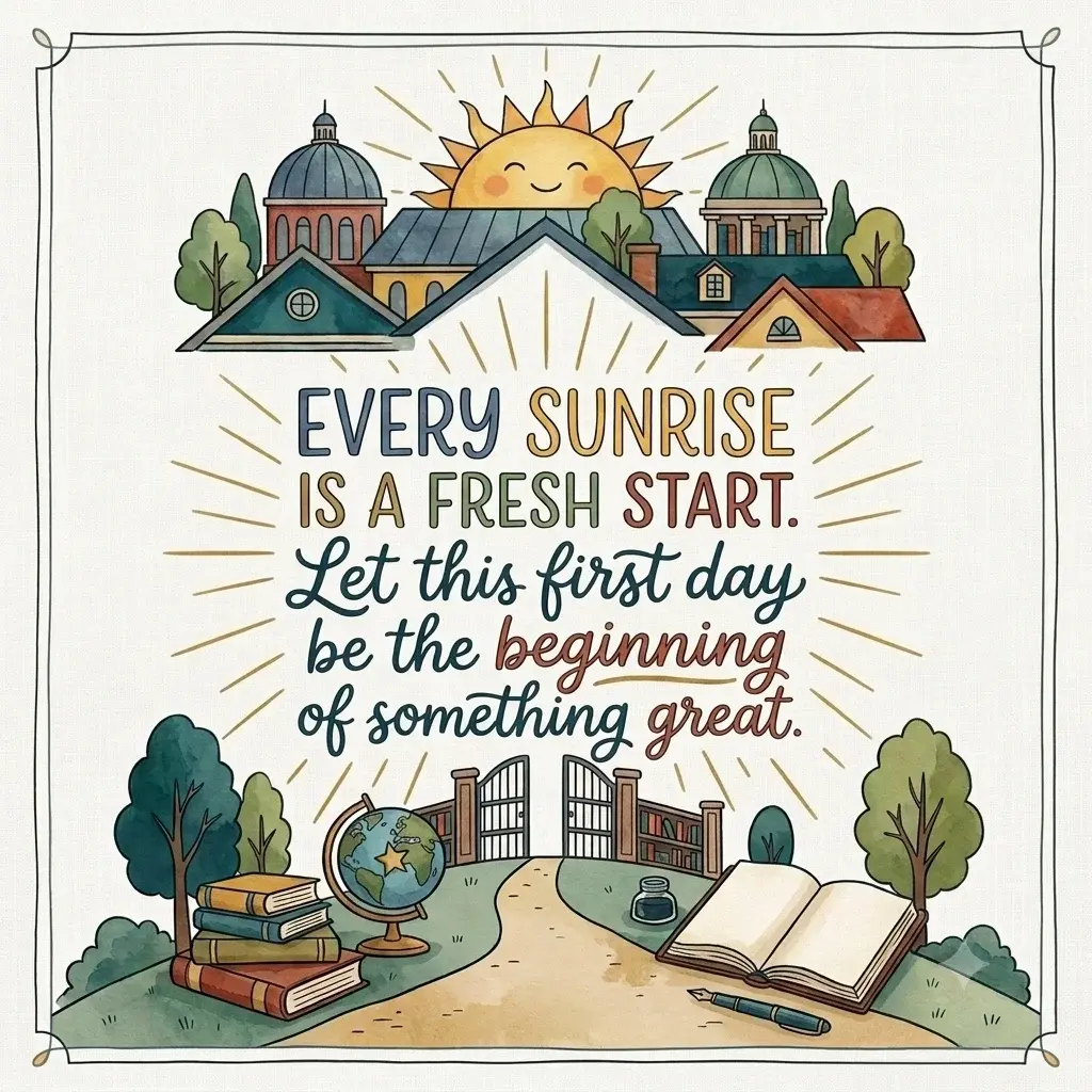 Printable first day of school quote poster for elementary students featuring the text: Every sunrise is a fresh start. Let this first day be the beginning of something great.