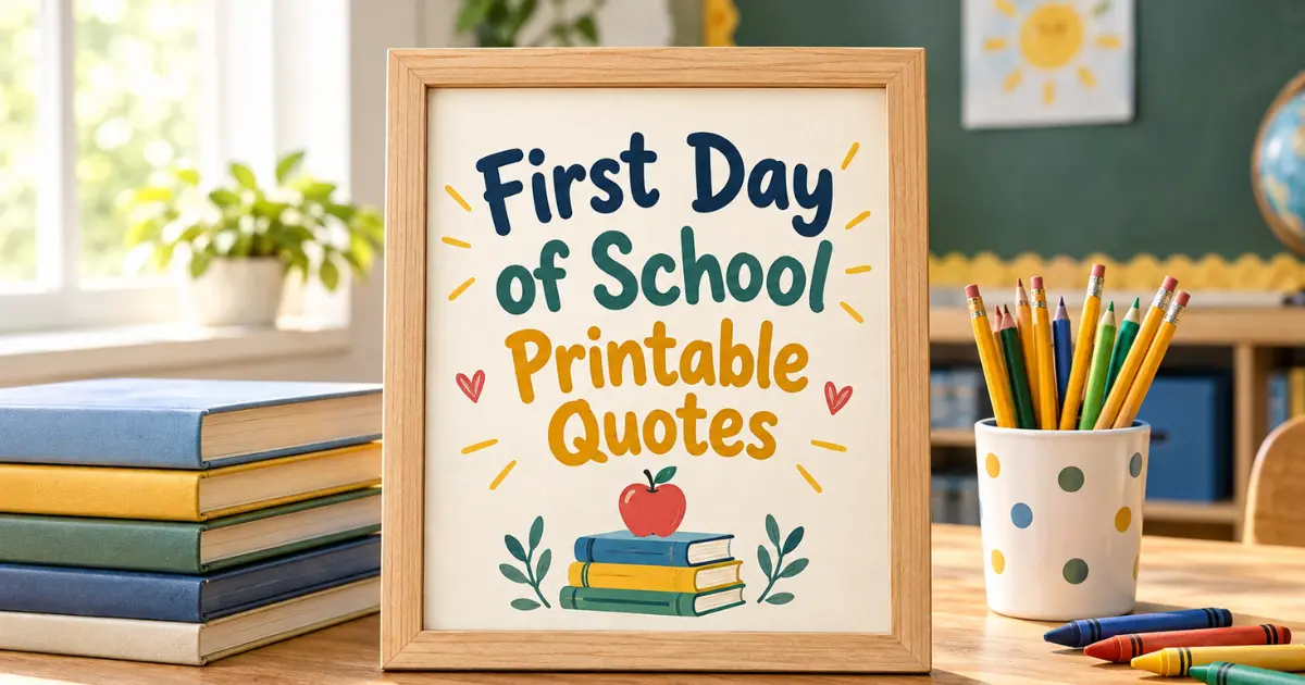 First day of school printable quotes displayed in a wooden frame with colorful school supplies and books