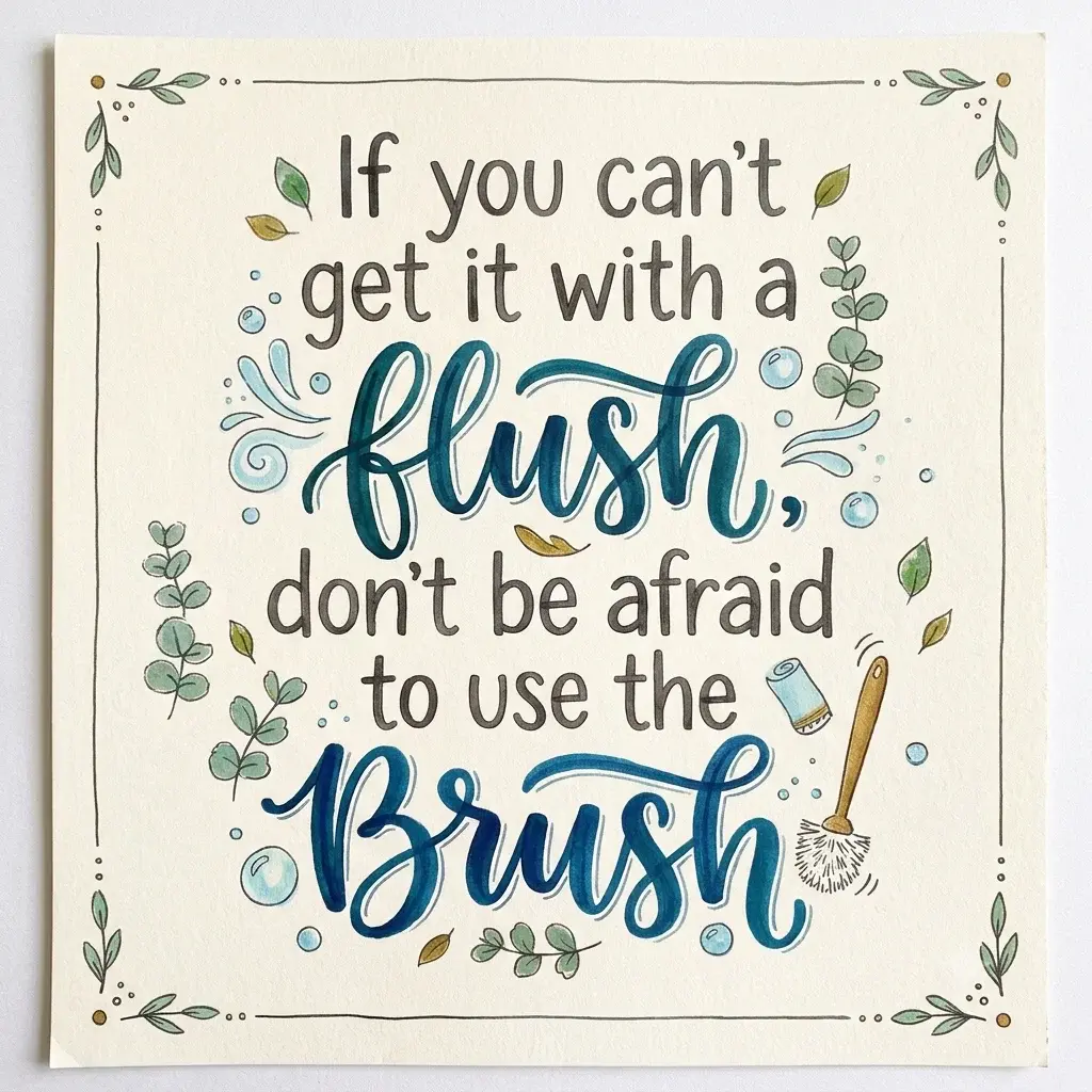 Funny bathroom quote printable featuring “If you can’t get it with a flush, don’t be afraid to use the brush” in navy blue and green lettering with bathroom-themed illustrations.