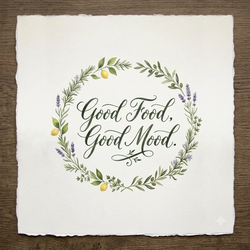 Watercolor kitchen wall art printable featuring hand-lettered calligraphy with the quote Good Food Good Mood surrounded by a botanical herb and lemon wreath.