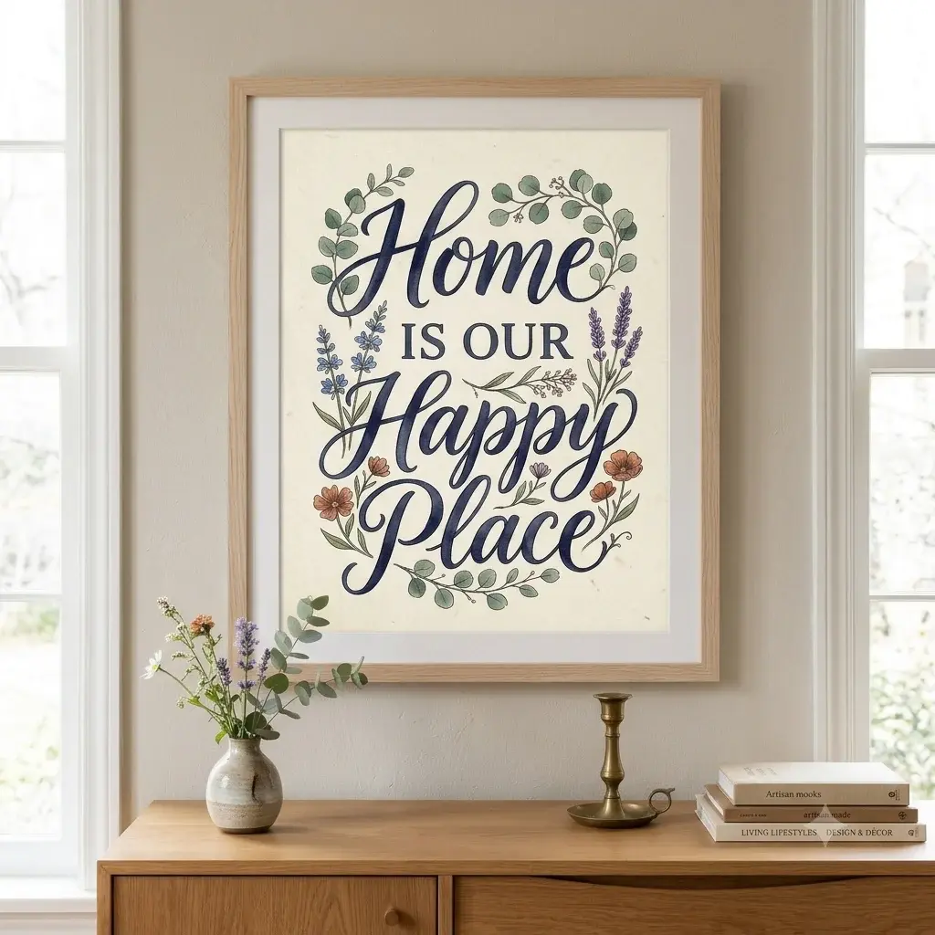 Free printable 8x10 living room wall art framed on a wooden console table, featuring watercolor botanical florals and the quote Home Is Our Happy Place.