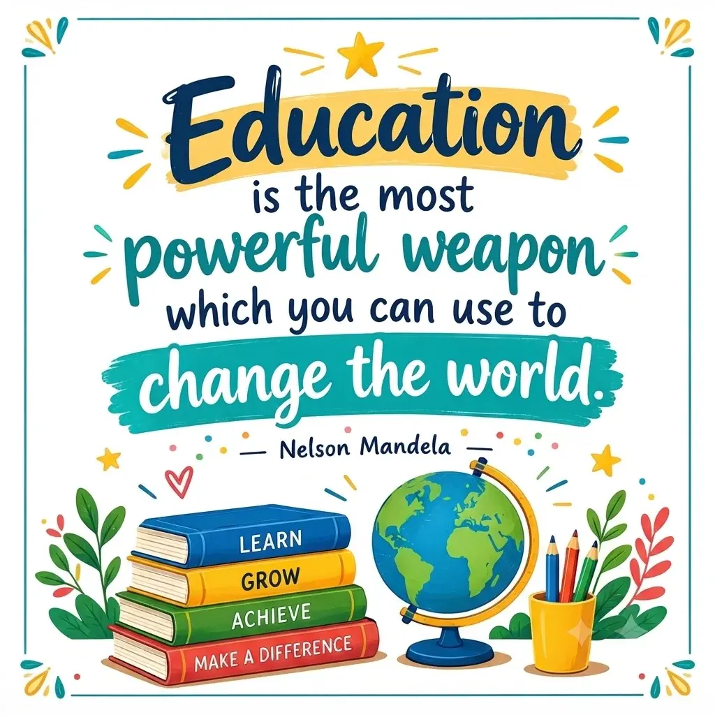 Inspirational printable quote for students featuring Nelson Mandela's message about the power of education