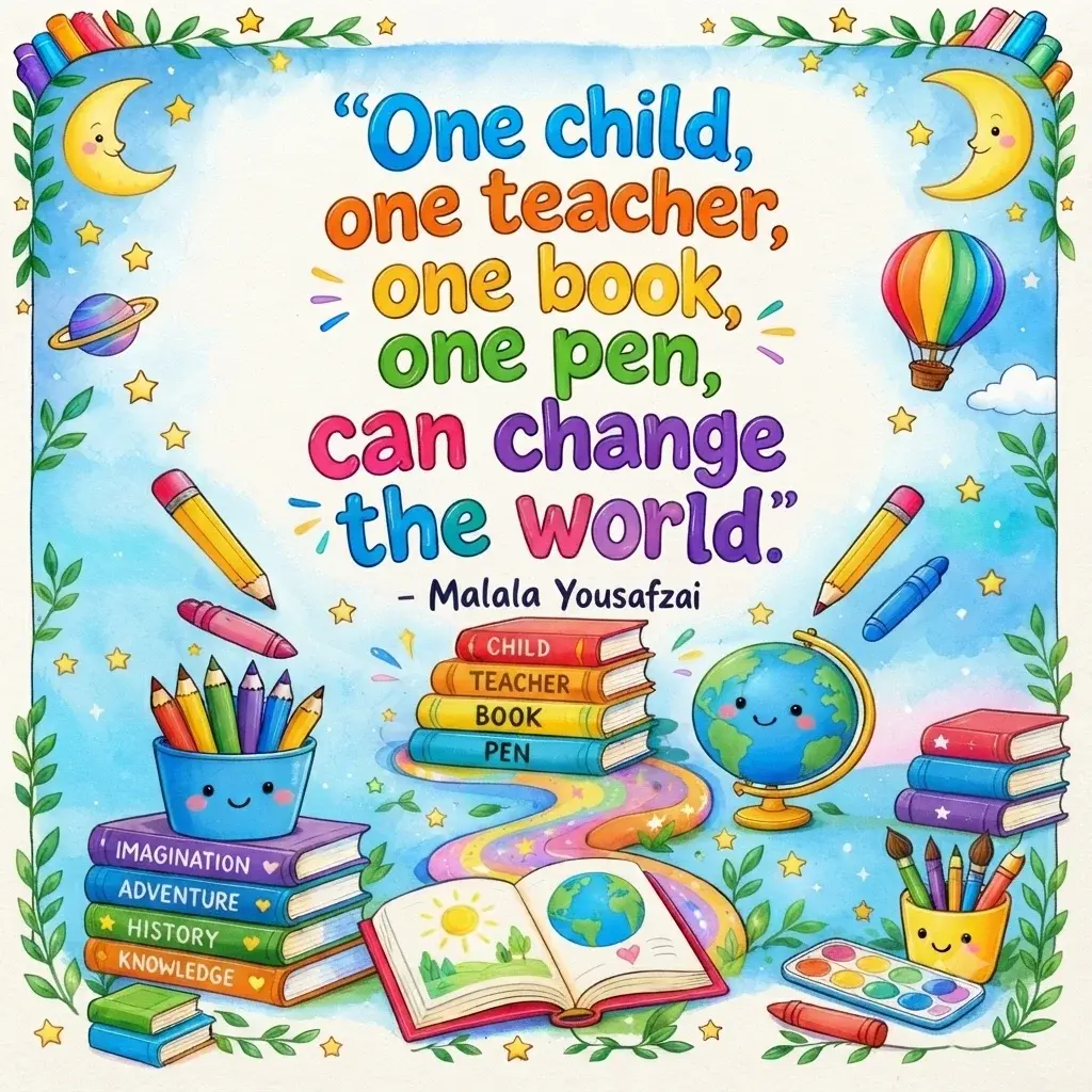 Inspirational Printable quote for kids featuring Malala Yousafzai's quote about education, books, teachers, and changing the world