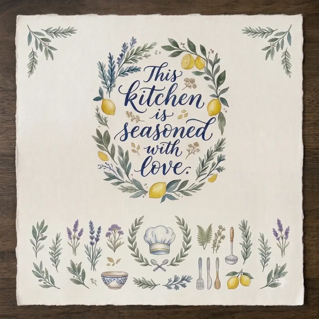 Watercolor square printable wall art for the kitchen featuring the quote "This kitchen is seasoned with love" surrounded by botanical herbs and lemons.