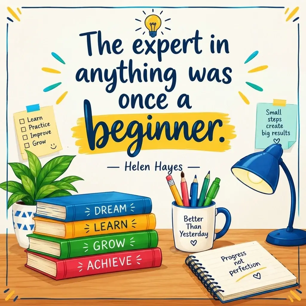 Motivational printable quote for students featuring the message “The expert in anything was once a beginner” by Helen Hayes