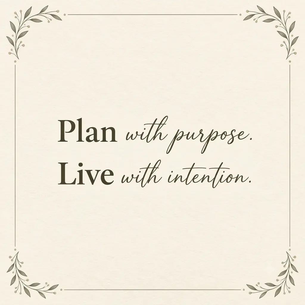 Printable quote reading “Plan with purpose. Live with intention.” in an elegant botanical design