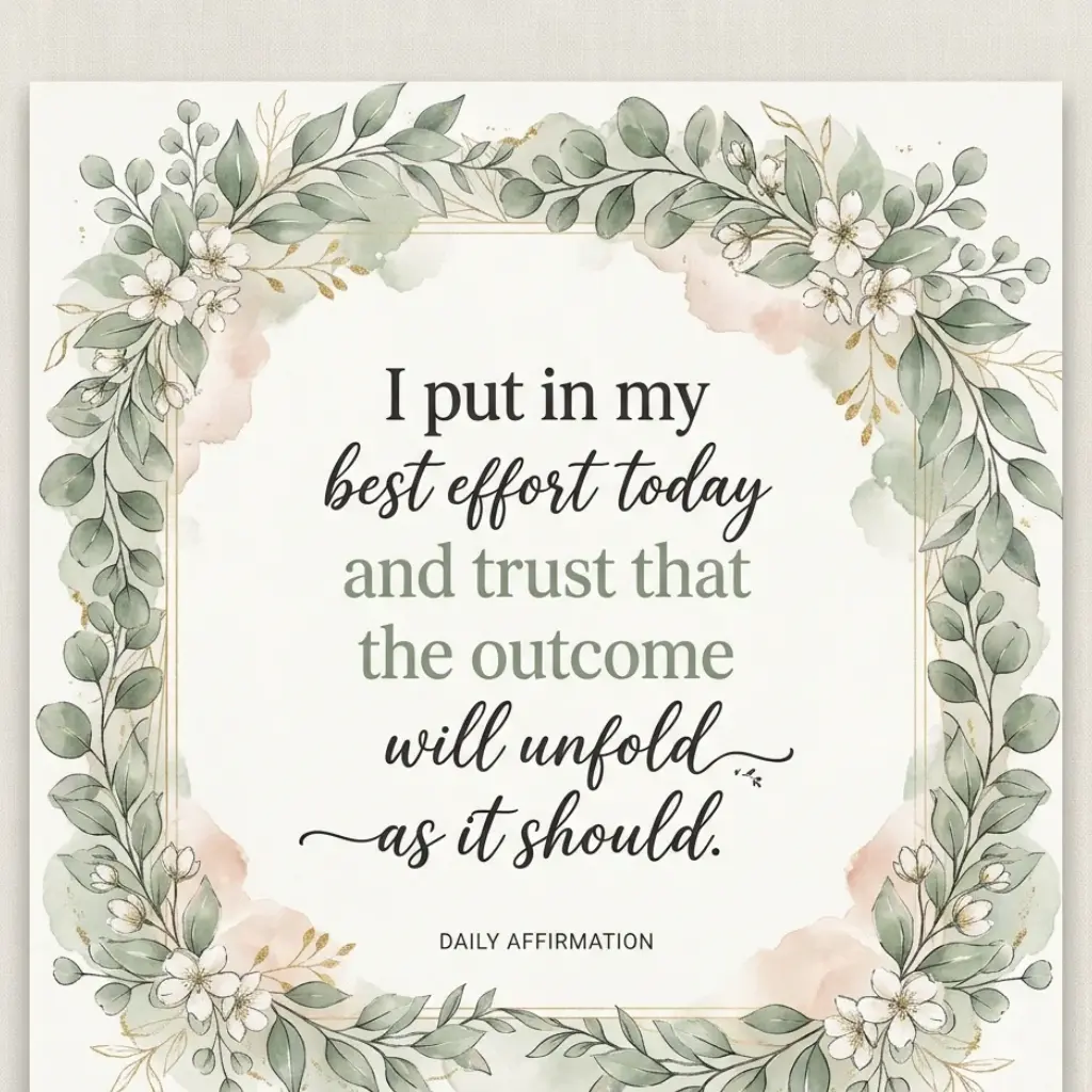 Square printable affirmation card template featuring a botanical foliage wreath frame and typography with the positive daily quote, 'I put in my best effort today and trust that the outcome will unfold as it should.'