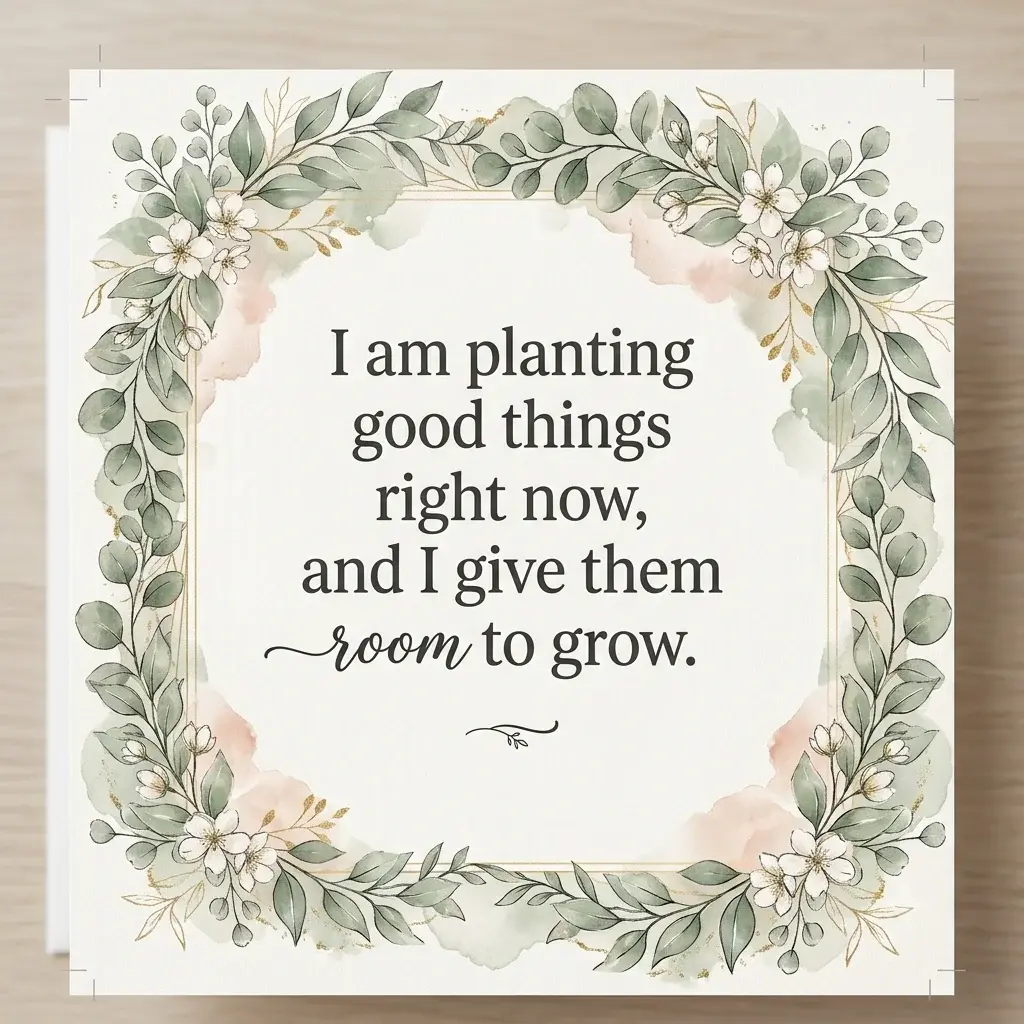 Printable affirmation card template with a botanical foliage wreath frame featuring the daily positive quote, 'I am planting good things right now, and I give them room to grow.'