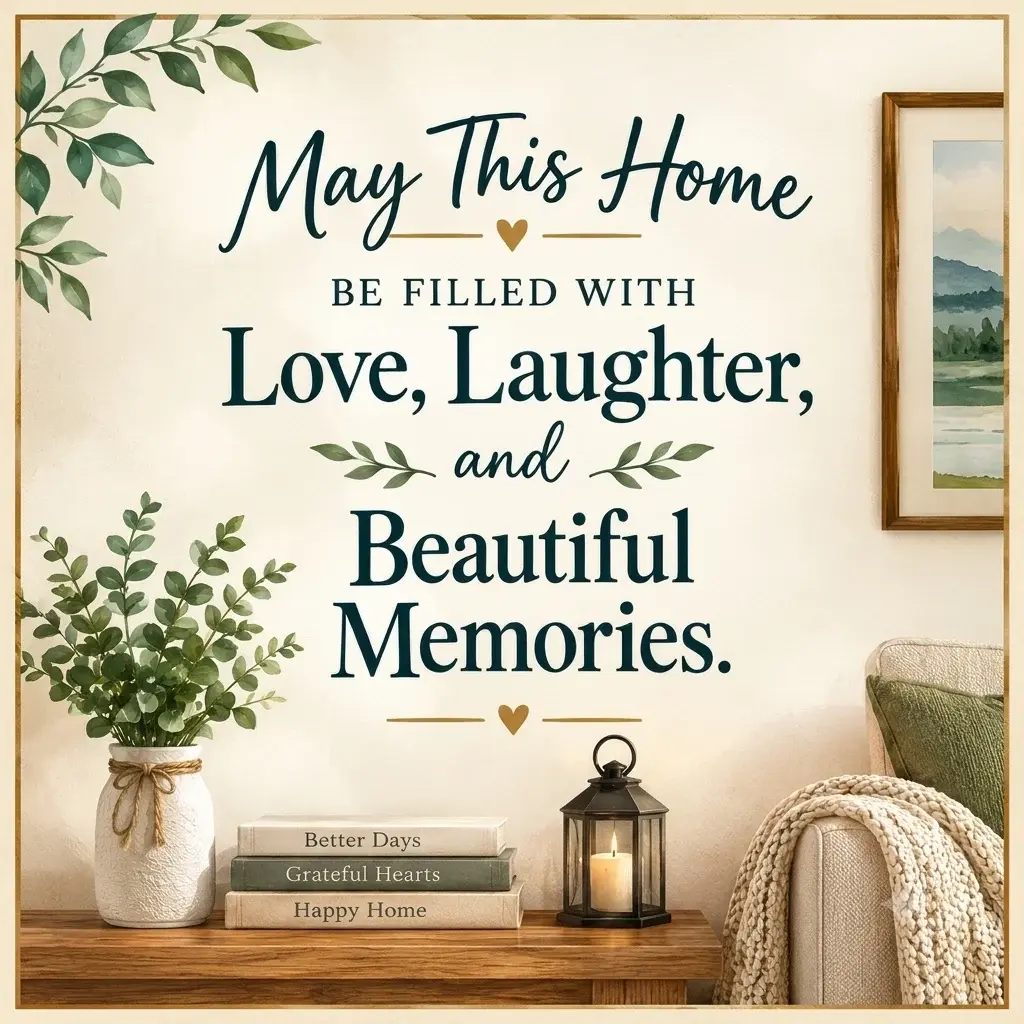 Printable living room wall quote featuring “May This Home Be Filled With Love, Laughter, and Beautiful Memories” in elegant dark teal typography with botanical accents and warm farmhouse decor.