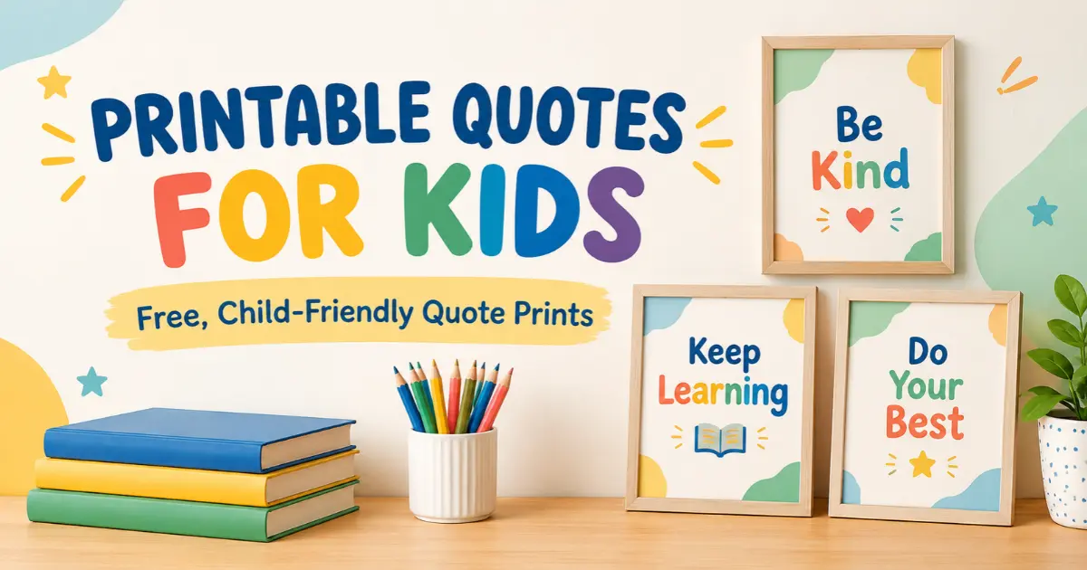 Printable quote prints for kids featuring positive messages like Be Kind, Keep Learning, and Do Your Best