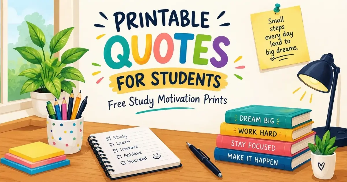 Inspiring study desk setup featuring motivational quotes and colorful books for student printable artwork
