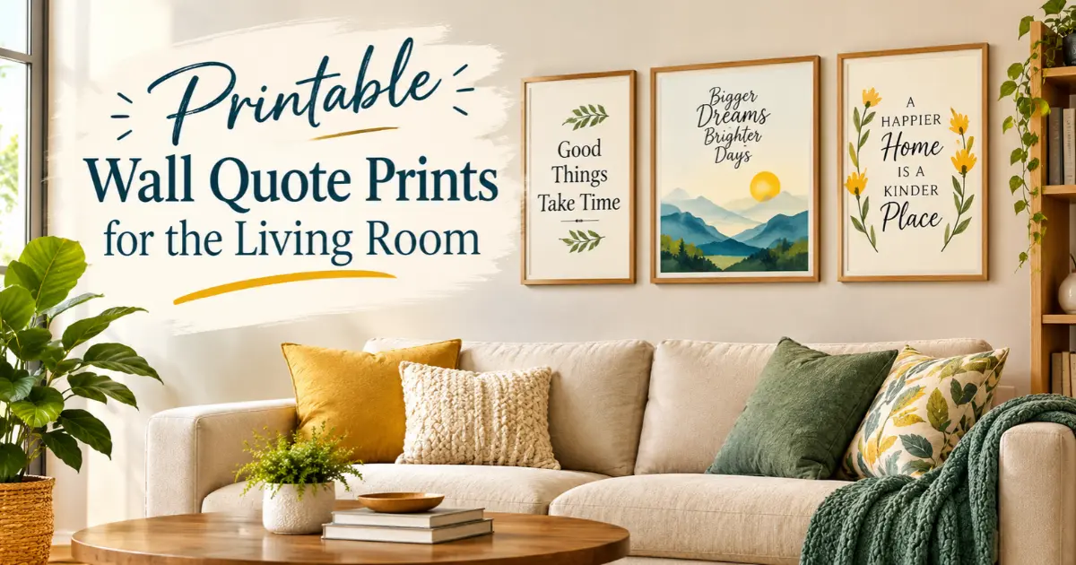Printable wall quote prints for the living room featuring framed inspirational artwork above a neutral sofa in a bright, cozy living space.