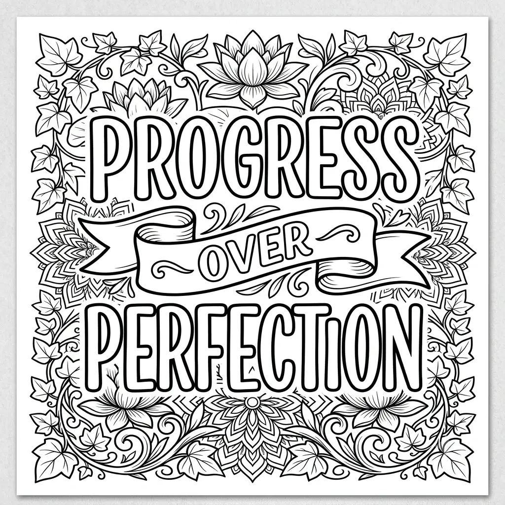Motivational printable quote coloring page featuring black and white hand-lettered text "Progress Over Perfection" framed by lotus flowers, ivy vines, and detailed mandala patterns