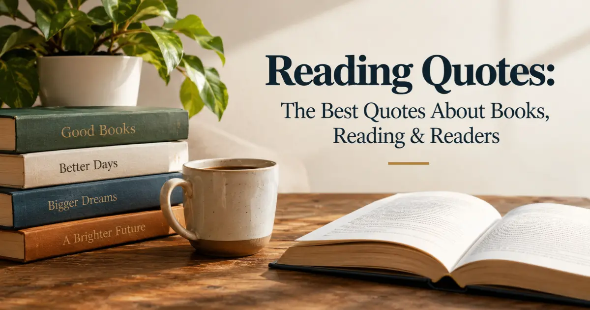 Reading quotes featured image with a stack of books, an open book, and a coffee mug on a wooden table