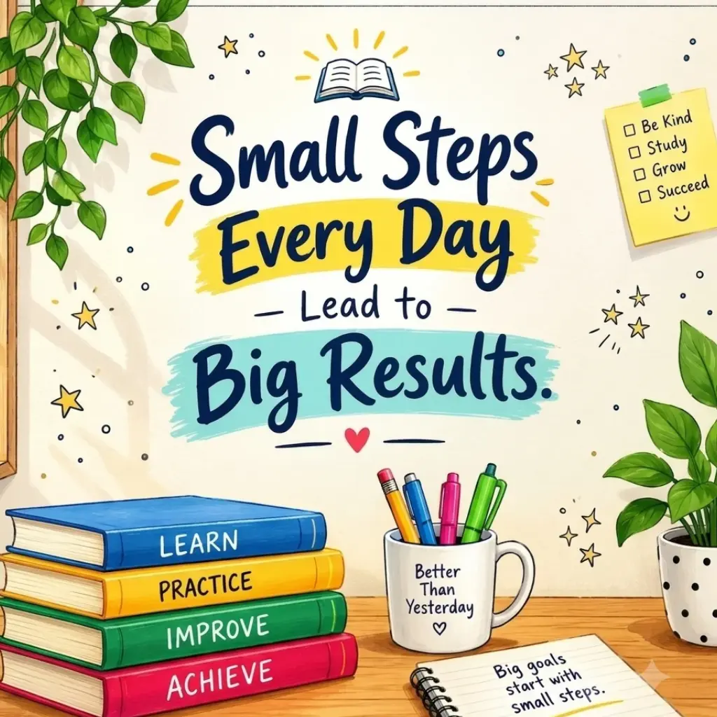 Minimalist study motivation printable featuring the quote: Small steps everyday lead to big results.