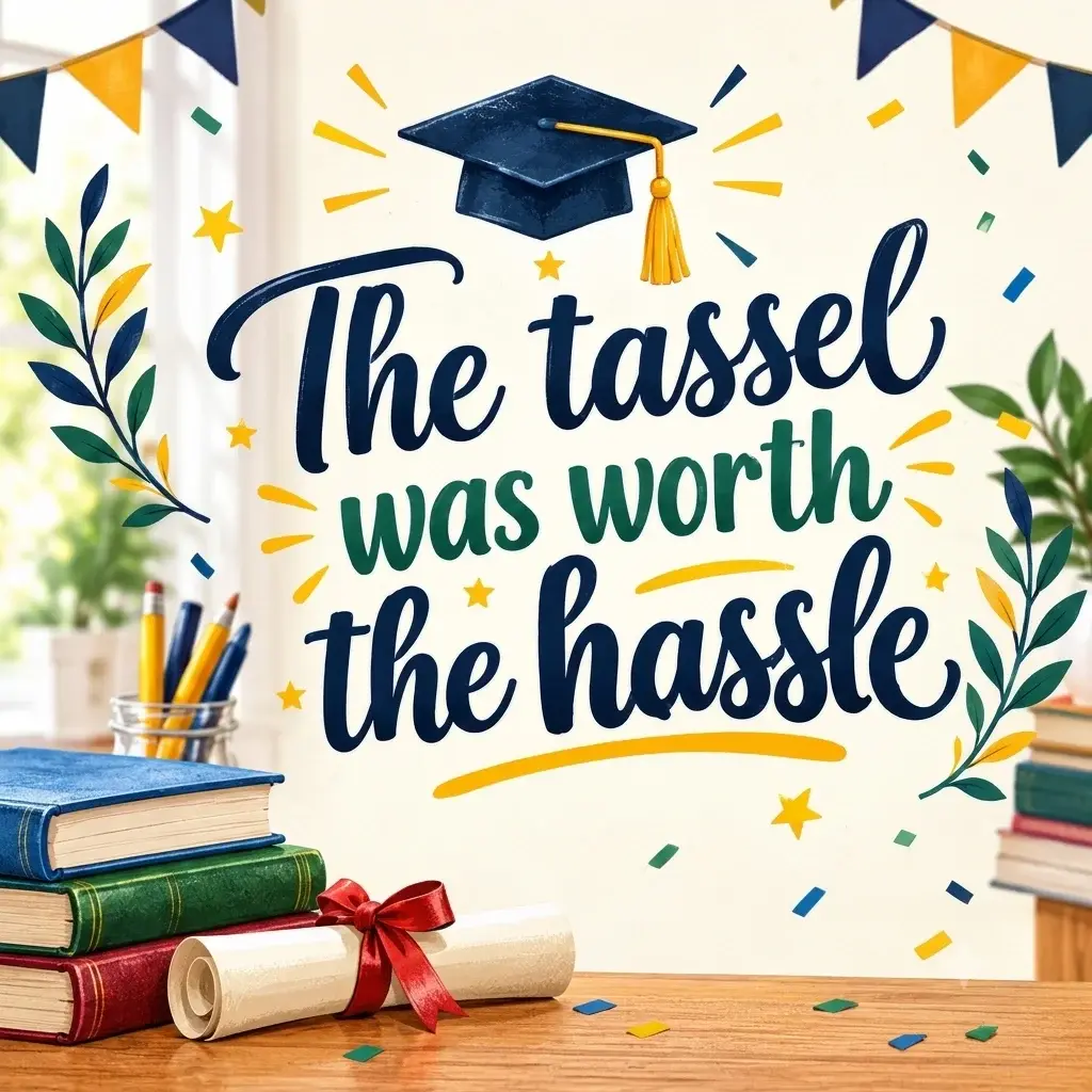 The tassel was worth the hassle graduation printable quote with cap, diploma, books, and confetti